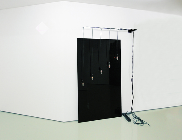 Dimitris Foutris, Gas Lamps as Angels (After Lisel Mueller’s poem Monet Refuses The Operation), 2009, Installation, black glass, wires, lamps, metal part, white gloss paint on wall, Dimensions Variable