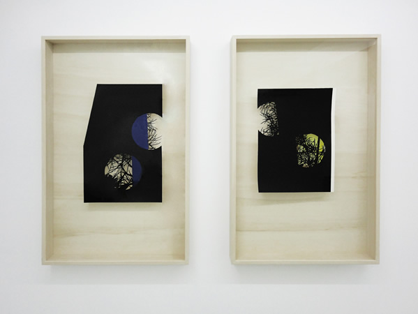 Lefteris Tapas, Moon I & II, 2013, Assemblage with ink, acrylics and graphite on cut paper, 83x53x7cm
