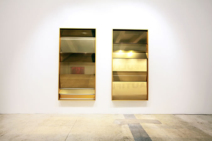 :mentalKLINIK, Sliders, 2011, Glass, micro-layered polyester films, anodized aluminium, 103x203cm each