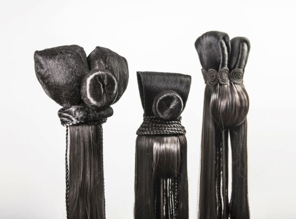 Marianna Ignataki, Totem, 2017, synthetic hair, fabric, thread, metal base, detail